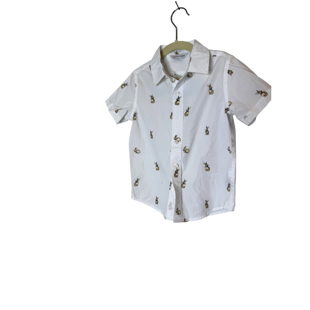 Janie And Jack Shirt Boys 4 White Bunny Print Short Sleeve Button Up Easter